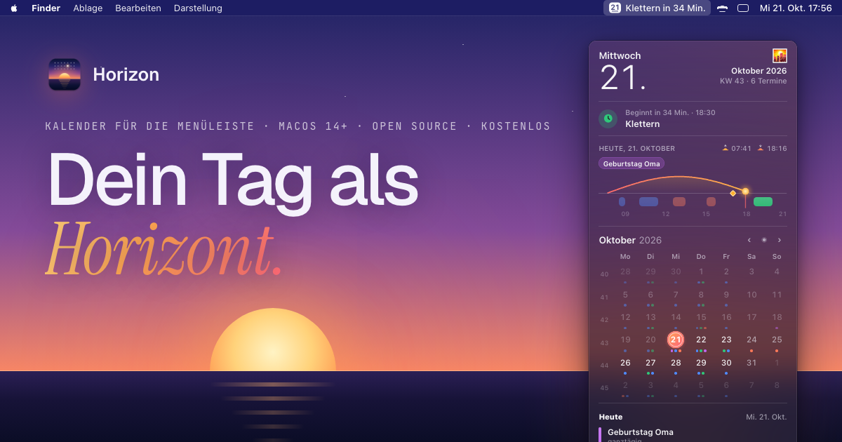 Horizon: das Kalenderfenster unter der Menüleiste vor einem Abendhimmel mit Sonne am Horizont