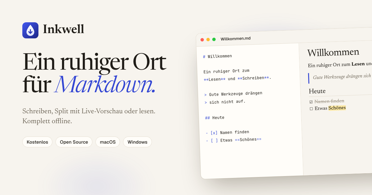 Inkwell: Markdown-Quelltext links, gesetzte Vorschau rechts