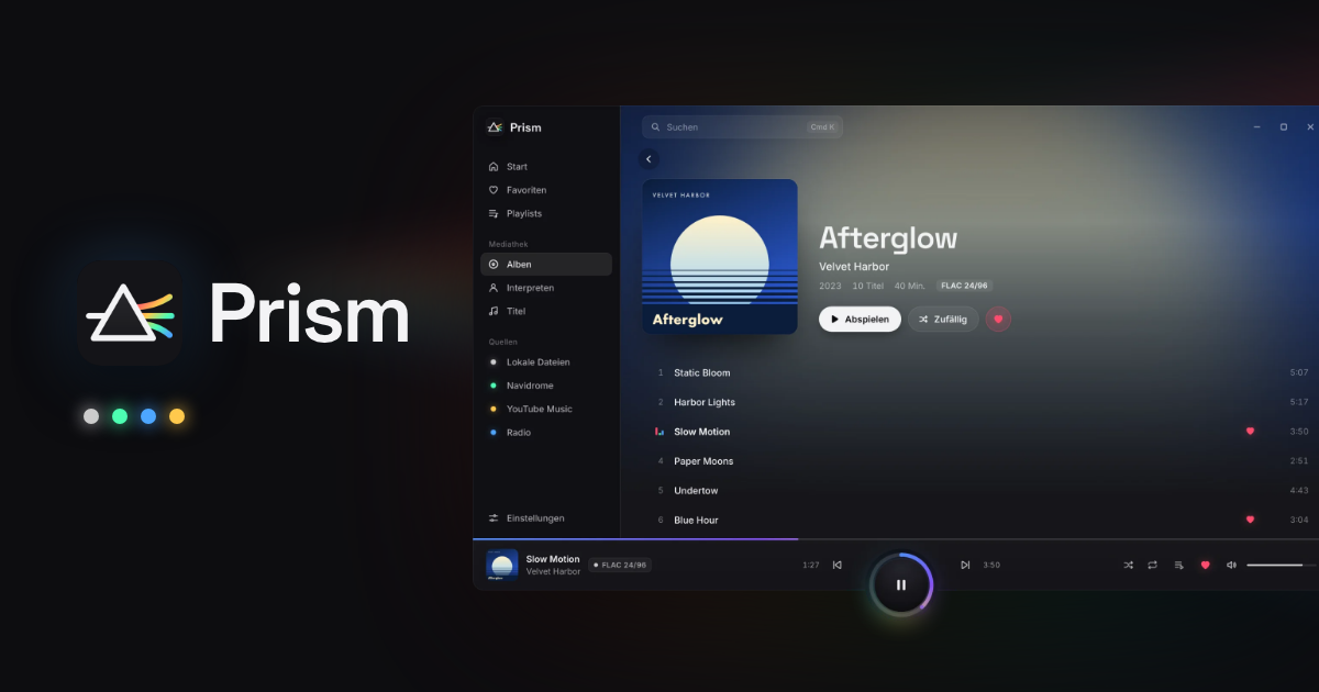 Prism: das Hauptfenster mit geöffnetem Album und dem farbigen Flow-Ring, daneben das Prisma-Logo
