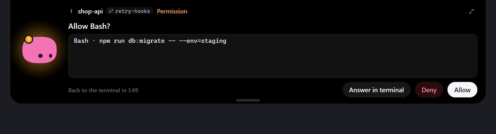 Freigabe: Allow Bash? mit Allow, Deny und Answer in terminal