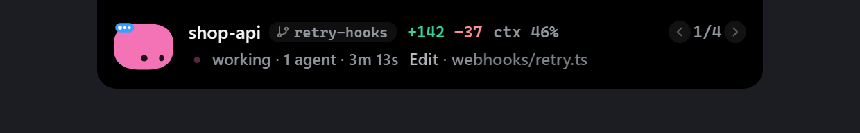 Kompakte Ansicht einer Session mit Branch, Zeilen, Kontext und aktuellem Schritt